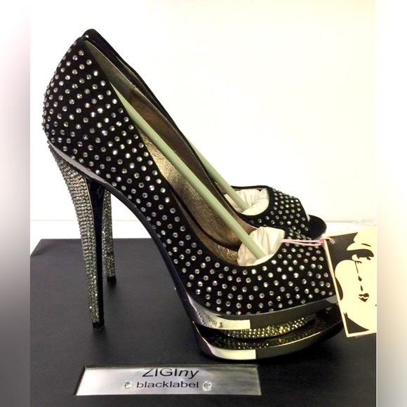 ZigiNY Black Label Rhinestone & Chrome Peep Toe Heel NWT IOB - Picture 3 of 6